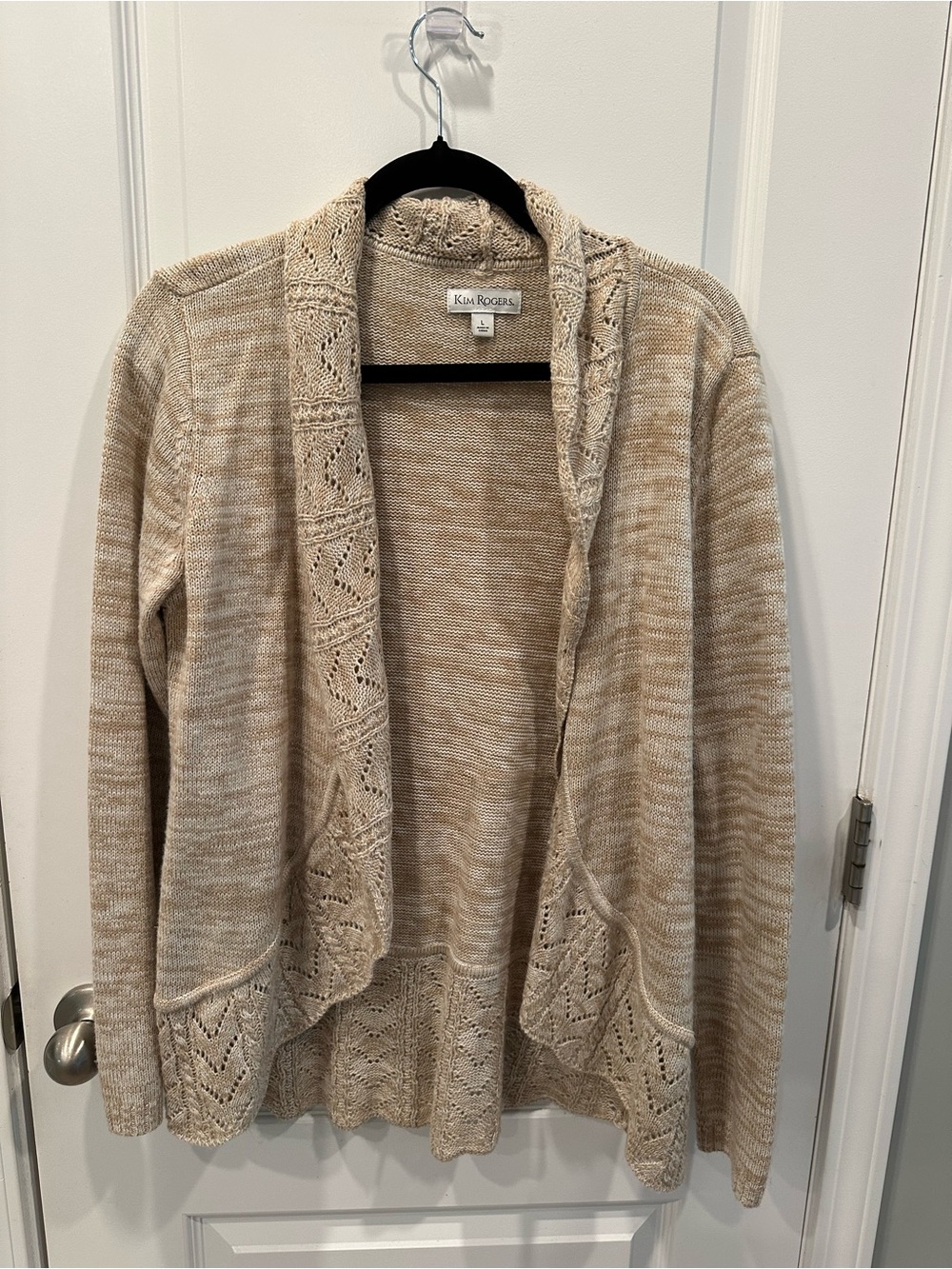 Kim Rogers Marled Beige Open-Front Cardigan with Lace Trim
